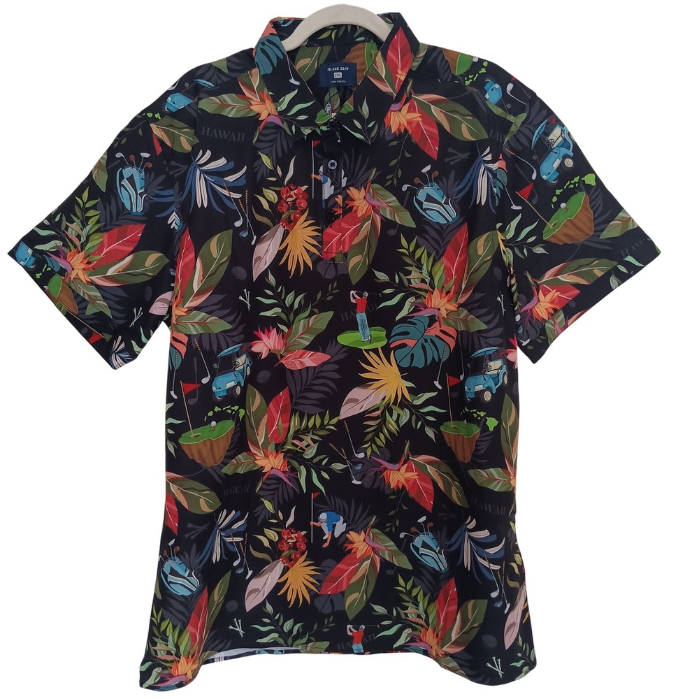 Island Crew Golf Polo Men 2XL Navy Blue Tropical Hawaiian 4-Way Stretch NEW